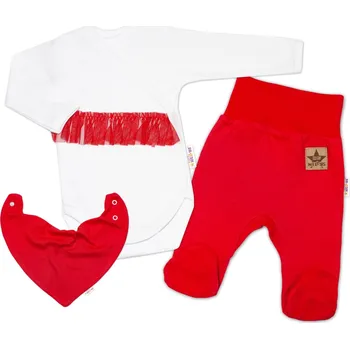 Kojenecká souprava Baby Nellys 3-dílná sada Body dl. rukáv s tutu, šátek, polodupačky, červená, bílá Velikost: 62 (2-3m)
