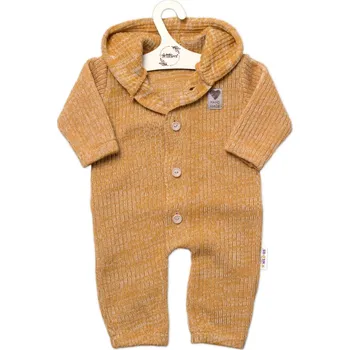 Kojenecký overall Baby Nellys Pletený overálek s kapucí a knoflíčky Hand Made, medový žihaný Velikost: 56/62 (0-3m)