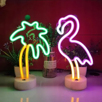 Obraz NEONOWY ZNAK FLAMINGA S LED PODSTAVCEM, NAPÁJENÍ 3 BATERIE AA NEBO USB