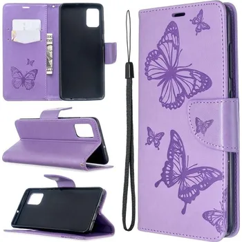 Pouzdro na mobilní telefon Butterfly PU kožené pouzdro na mobil Samsung Galaxy A51 - fialové