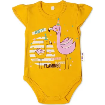 Baby Nellys Bavlněné kojenecké body, kr. rukáv, Flamingo - hořčicové Velikost: 80 (9-12m)