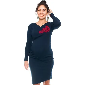 Těhotenské šaty Be MaaMaa Bavlněné těhotenské a kojící šaty s potiskem květin - granát Velikost oblečení: M (38)