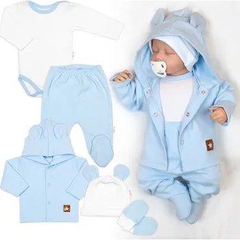 Dětská móda Baby Nellys Žebrovaná sada, Star 5D, body, polodupačky, kabátek, čepička, rukavice - modrá, bílá Velikost: 68 (3-6m)