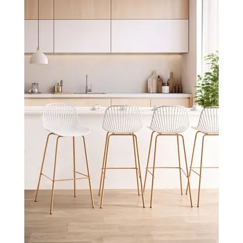 Barová židle Sada 4 barových židlí bílá syntetický materiál železný rám nohy vzhled dřeva kuchyně jídelna Beliani