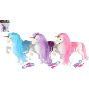Hračka Teddies Jednorožec/kůň česací plast se sedlem s doplňky 3 barvy v sáčku 21x25x6cm