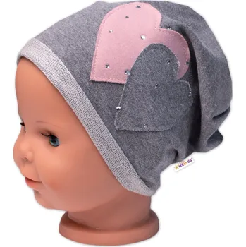 Baby Nellys Dětská čepice bavlna, Srdíčka s kamínky, Baby Nellys, šedá Velikost: 80/86 (12-18m)