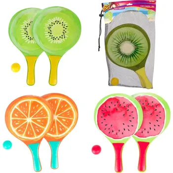 Tenisová raketa Teddies Sada na plážový tenis ovoce dřevěné 38cm 2 pálky + 1 míček 3 druhy v látkovém sáčku