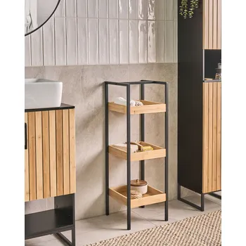 police Koupelnová police světle hnědá bambusové dřevo černá ocelová konstrukce 3 police koupelnové doplňky moderní Beliani