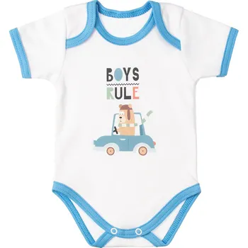 Kojenecký body MBaby Bavlněné body s krátkým rukávem, Méďa Boys Rule, bílo/modré Velikost: 56 (1-2m)