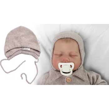 Baby Nellys Pletená čepička na zavazování bonetka Boy, Hand Made Baby Nellys, béžová Velikost: 56/62 (0-3m)