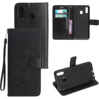 Pouzdro na mobilní telefon Flowers PU kožené peněženkové pouzdro na mobil Samsung Galaxy A20e - černý