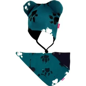 Kojenecký body Bexa dvouvrstvá čepice na zavazování s oušky + šátek - Tlapky, petrolejová Velikost: 62/68 (3-6m)