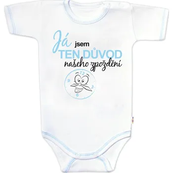 Kojenecké oblečení Baby Nellys Body krátký rukáv s vtipným textem Baby Nellys, Já jsem TEN DŮVOD našeho zpoždění, kluk Velikost: 74 (6-9m)