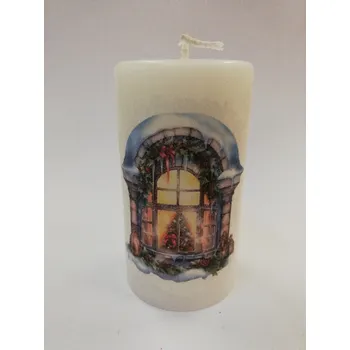 Svíčka Svíčka z parafínového vosku zdobená válec - Vánoční okno se stromkem