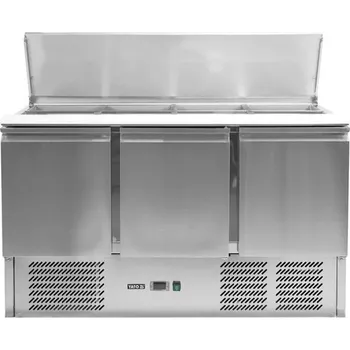 Třídveřový chladicí salátový stůl s víkem z nerezové oceli