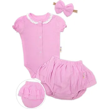 Kojenecký body Baby Nellys 3-dílná mušelínová soupravička, body, kraťasky + čelenka GIRL, růžová Velikost: 74 (6-9m)