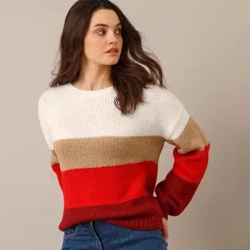 Dámský svetr Pruhovaný pulovr s kulatým výstřihem režná/červená 34/36