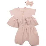 Baby Nellys 3-dílná mušelínová soupravička, tunika/halenka, kraťasky, čelenka, béžová Velikost: 56 (1-2m)