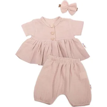 Kojenecká souprava Baby Nellys 3-dílná mušelínová soupravička, tunika/halenka, kraťasky, čelenka, béžová Velikost: 56 (1-2m)
