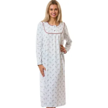 Dámská noční košile Dlouhá noční košile pro ženy z bavlny s dlouhým rukávem - bílá s hnědými kvítky 1C4133 hnědá 1xl
