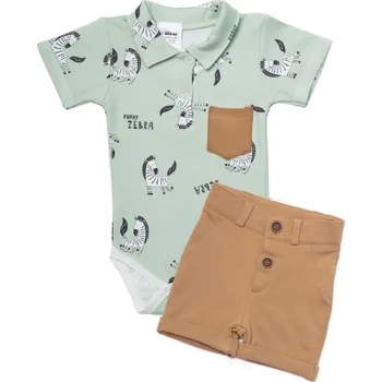 Baby Nellys 2-dílná sada body kr. rukáv, kraťásky, Zebra - mátová, hnědá Velikost: 56 (1-2m)