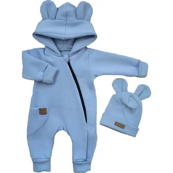 Dětský overall Oteplený dětský overal bez šlapek s kapucí + čepička, 2D, modrý Velikost: 74 (6-9m)