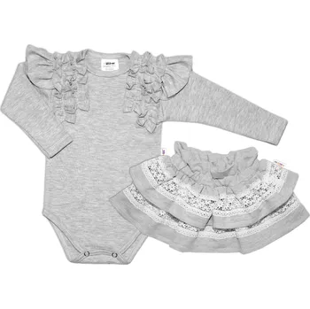 Kojenecký body BABY NELLYS 2-dílná sada, body dl.rukáv + suknička s krajkou a volánky, šedá Velikost: 68 (3-6m)