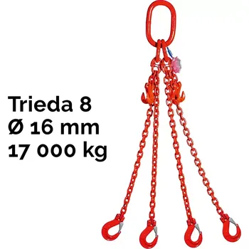 Upínací popruh Čtyřpramenný řetězový vazák, oko-4 hák, zkracovač, nosnost 17 000/11 800 kg, G8-16, Certifikát17 000 / 11 800 kg 4 m Červená