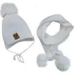 Z&Z Dvouvrstvá pletená čepička na zavazování + šál s bambulky, bílá Velikost: 56/62 (0-3m)