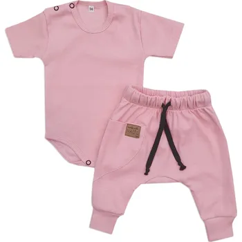 Kojenecká souprava Kazum Žebrovaná souprava body kr. rukáv + tepláčky Magic, bavlna, růžová Velikost: 74 (6-9m)