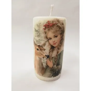 Svíčka Svíčka z parafínového vosku zdobená válec - Dívka s jelínkem 1