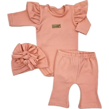 Kojenecká souprava Body s volánky, legíny do zvonu a čepička, 3D, bavlna, meruňková Velikost: 86 (12-18m)