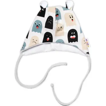 Baby Nellys Kojenecká čepička s oušky na zavazování - Příšerky, bílá/mátová Velikost: 68/74 (6-9m)