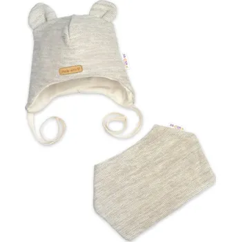 Kojenecký body Baby Nellys Pletená čepice s bavlněnou podšívkou a šátkem 2v1, Teddy Hand made - světle béžová Velikost: 68/74 (6-9m)