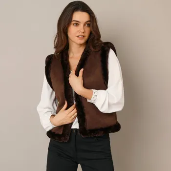 Dámská vesta Vesta z imitace semiše a kožešiny čokoládová 38