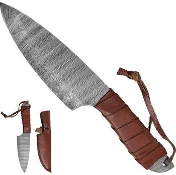 PAK Velký pevný nůž "DAMASCUS TRAIL" s koženým pouzdrem