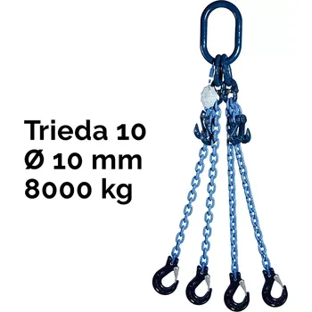řetězový zvedák Čtyřpramenný řetězový vazák, oko-4hák, zkracovač, nosnost 8000/6000 kg, G10-10, Certifikát8000 / 6000 kg 3 m Modrá