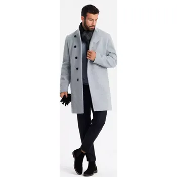 Pánský zimní kabát Pánský kabát s vysokým límcem a asymetrickým zapínáním - šedý melír V1 OM-COWC-0120 - XXL