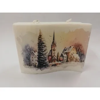 Svíčka Svíčka z palmového vosku zdobená - vlna 2 knoty 10 x 15 cm - Zimní kostelík