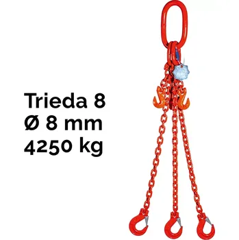 řetězový zvedák Třípramenný řetězový vazák, oko-3 hák, zkracovač, Nosnost 4250/3000 kg, G8-8, Certifikát4250 / 3000 kg 7 m Červená
