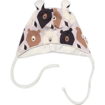 Baby Nellys Kojenecká čepička s oušky na zavazování - Medvědi, hnědá Velikost: 68/74 (6-9m)
