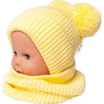 BABY NELLYS Zimní pletená čepice + nákrčník - žlutá s bambulkami Velikost koj. oblečení: 92/98 (18-36m)