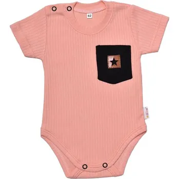 Baby Nellys Bavlněné žebrované body s kapsičkou, kr. rukáv, Summer Boy - meruňkové Velikost: 86 (12-18m)