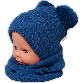Kojenecké oblečení Baby Nellys Zimní pletená čepice + nákrčník - granát s bambulkami Velikost koj. oblečení: 92/98 (18-36m)