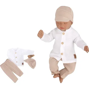 Kojenecká souprava Z&Z Elegantní mušelínová 3D sada - košile, kalhoty + čepice, 3D sada, bílá/písková Velikost: 56 (1-2m)