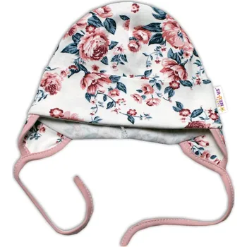 Baby Nellys Bavlněná čepička na zavazování - Anglická Růže, pudrová/granát/ecru Velikost: 80/86 (12-18m)