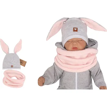 Z&Z Kojenecká bavlněná čepička Zajíček s nákrčníkem, šedá/růžová Velikost: 68/74 (6-9m)