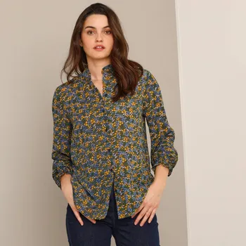 Dámská halenka Vzdušná propínací halenka s volánky a potiskem květin khaki/modrá 48