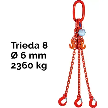 řetězový zvedák Třípramenný řetězový vazák, oko-3 hák, zkracovač, Nosnost 2360/1700 kg, G8-6, Certifikát2360 / 1700 kg 7 m Červená