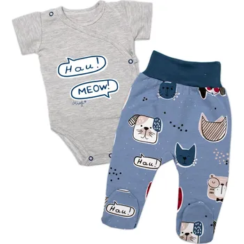 Kojenecký body Mrofi Body kr. rukáv zap. bokem + polodupačky Pejsek a Kočička Mrofi, šedá/modrá Velikost: 56 (1-2m)